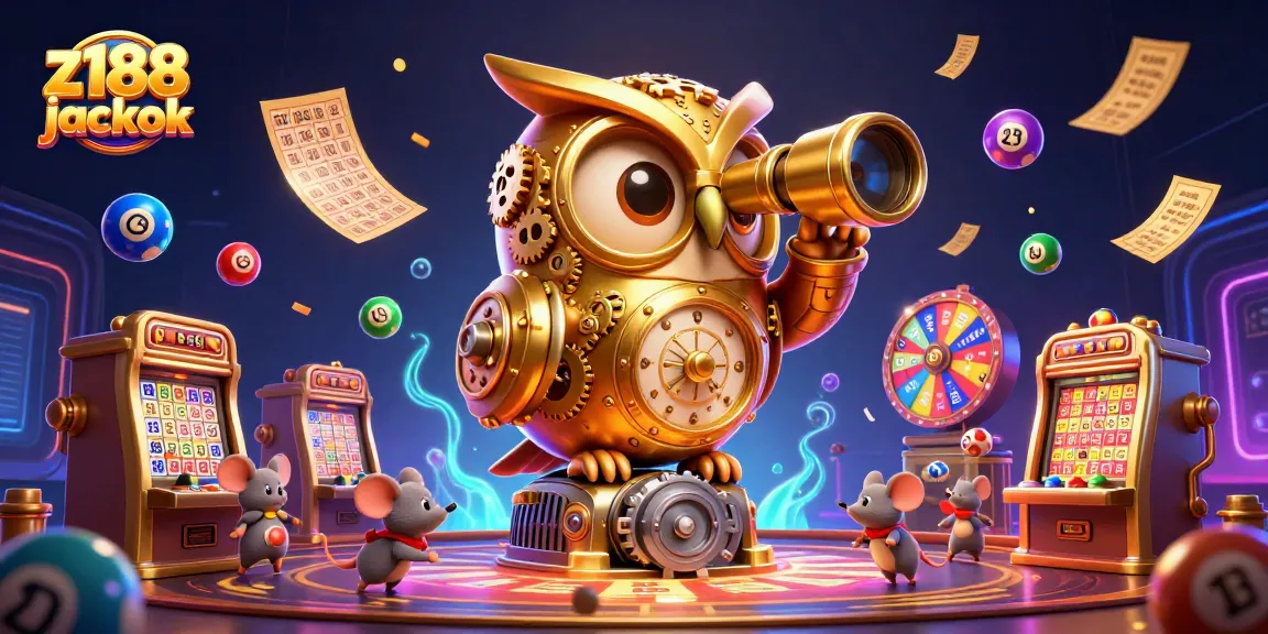 Experience the excitement of z188 jackpot with a vibrant casino scene featuring a golden owl, slot machines, and playful mice.