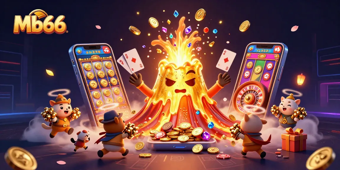 Experience the thrill of Mb66 with a dynamic golden volcano and treasure-hunting explorers amidst vibrant casino elements.