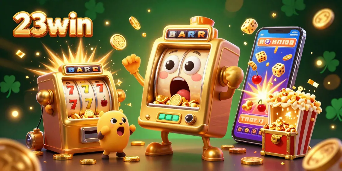Engaging scene with the 23win slot machine celebrating a jackpot, surrounded by coins and vibrant gaming elements.