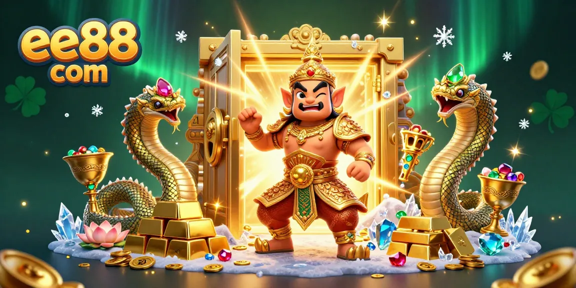 Experience the dynamic energy of ee88 com with a 3D Thai guardian and treasures in a rich casino scene.