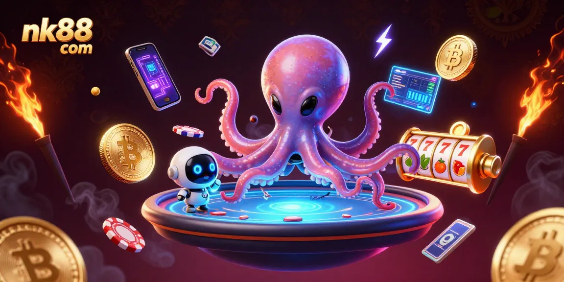 Engage with nk88 com at a vibrant 3D casino scene featuring an alien octopus and crypto elements.