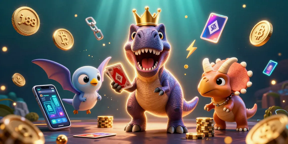 Engage with j188 featuring a T-Rex shuffling cards while stacking golden chips in a vibrant casino scene.